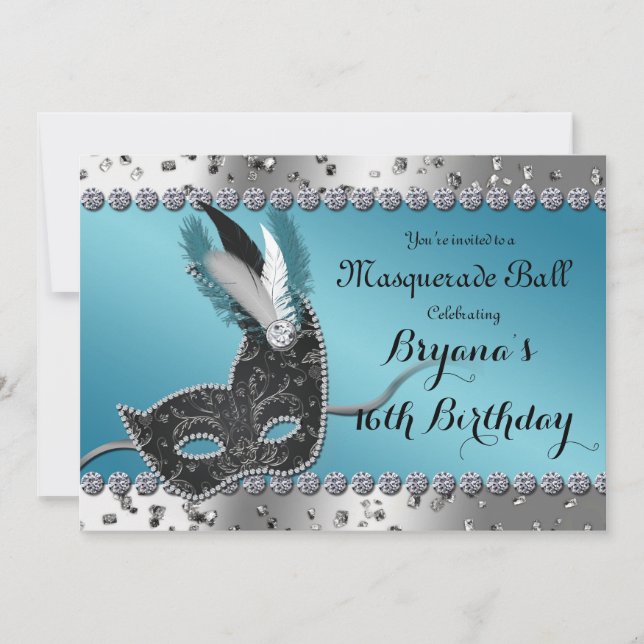 Masquerade Ball Silver and Blue Party Invitation (Front)