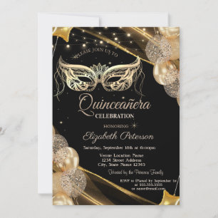 Masquerade Balloons Stars Black Quinceañera Invitation