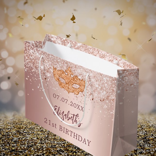 Masquerade birthday blush rose gold glitter name large gift bag (Creator Uploaded)