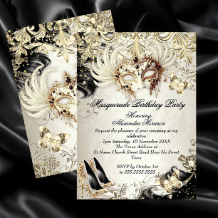 Masquerade birthday Gold Black Cream Butterfly Invitation