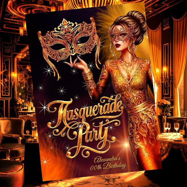 Masquerade Birthday Gold Orange Stunning Dress Invitation (Creator Uploaded)