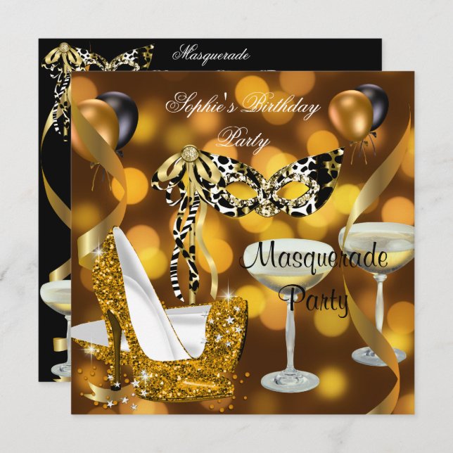 Masquerade Birthday Gold Stiletto Champagne 2 Invitation (Front/Back)