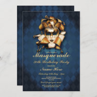 Masquerade Birthday Party Blue Gold Mask Invite