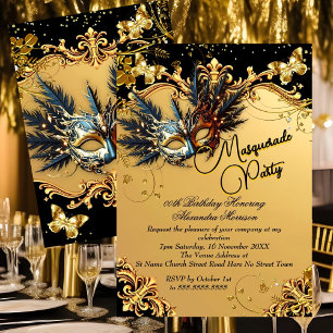 Masquerade birthday Party Gold Black Mask Feathers Invitation