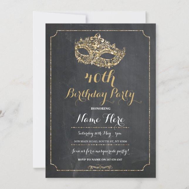 MASQUERADE Birthday Party Gold Mask Invite 40th 50 (Front)