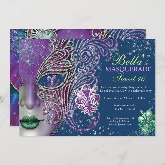 Masquerade Birthday Party Invitations (Front/Back)