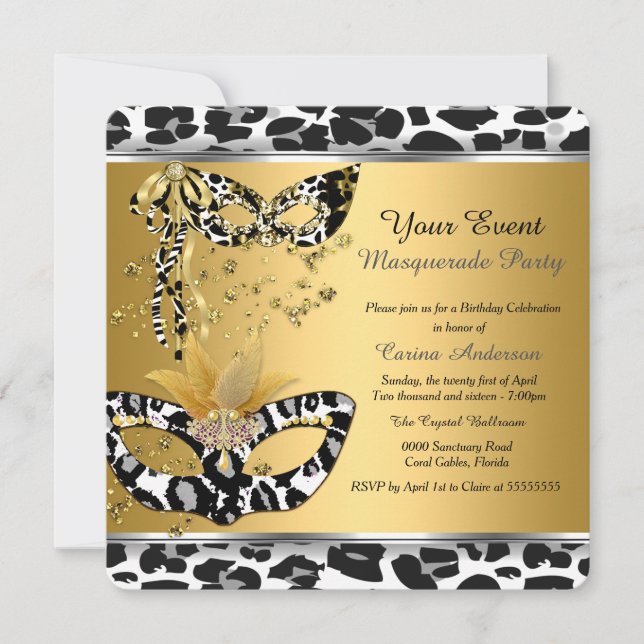 Masquerade Birthday Party Leopard Mask Black Gold Invitation (Front)