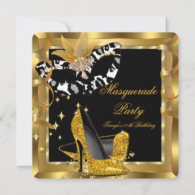 Masquerade Birthday Party Mask Wild Gold Heels Invitation (Front)