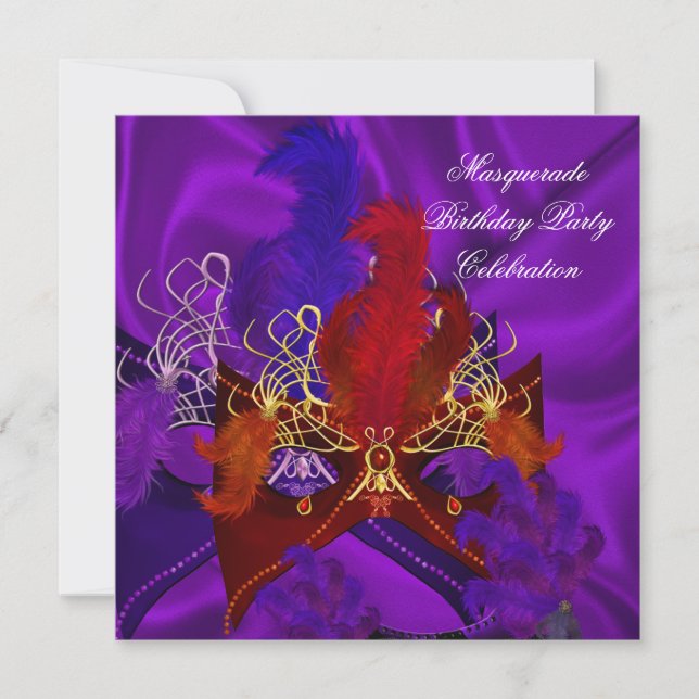Masquerade Birthday Party Purple Red Gold Masks Invitation (Front)