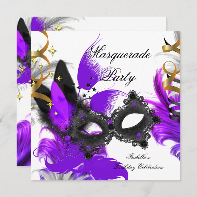 Masquerade Birthday Purple Mask White Black Invitation (Front/Back)
