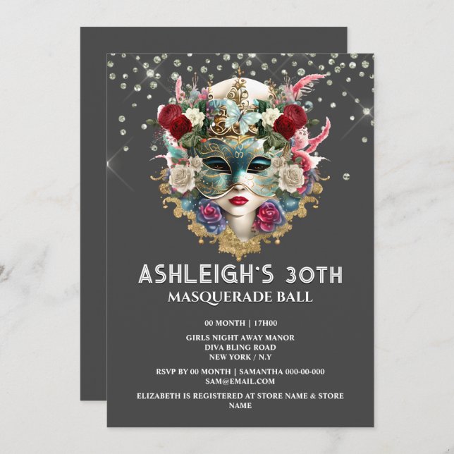 Masquerade birthday Venetian ladies face mask chic Invitation (Front/Back)