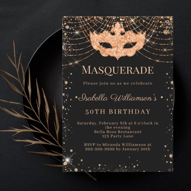 Masquerade black gold birthday party invitation (Creator Uploaded)