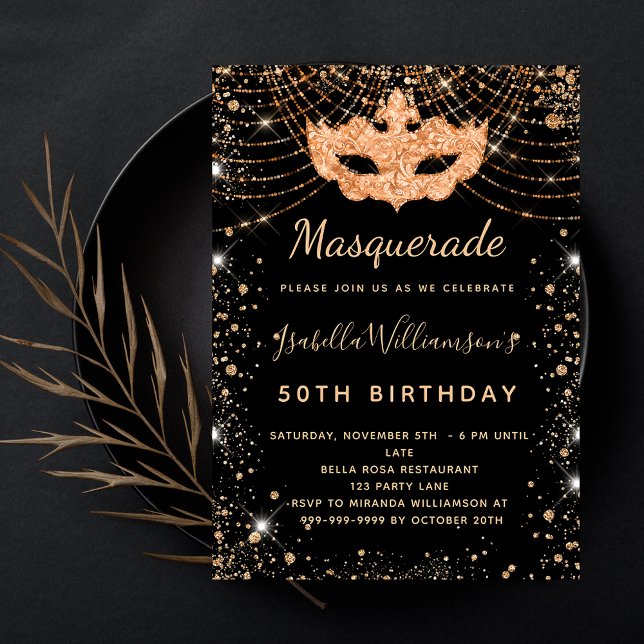 Masquerade black gold birthday party luxury invitation (Creator Uploaded)