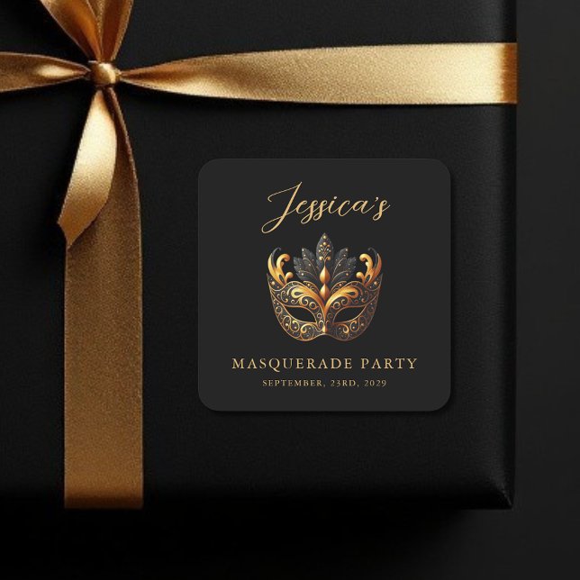 Masquerade Black Gold Birthday  Square Sticker (Creator Uploaded)
