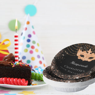 Masquerade black gold glitter birthday party paper plate