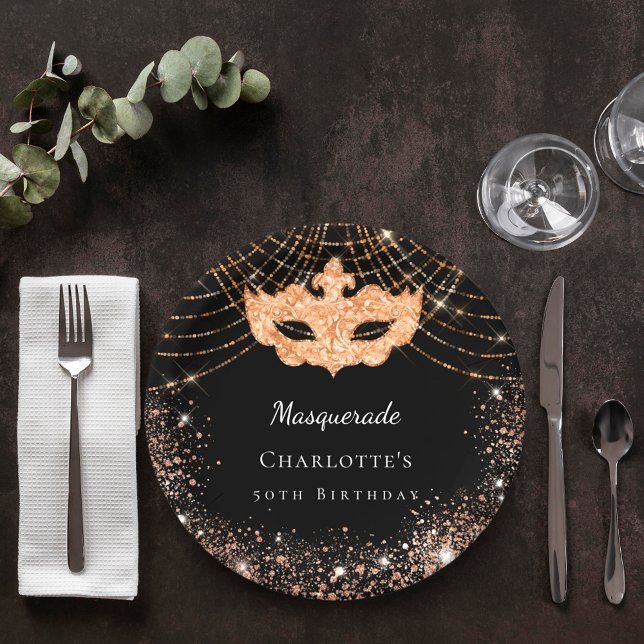 Masquerade black gold glitter birthday party  paper plate (Creator Uploaded)