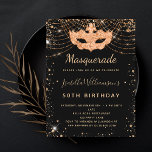 Masquerade black gold glitter dust birthday party invitation postcard<br><div class="desc">For an elegant Masquerade,  50th (or any age) birthday.  A stylish black background. Decorated with faux gold glitter dust and a masquerade mask.  Personalise and add a name,  age and party details. The name is written with a hand lettered style script.
Back: postcard design.</div>