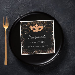 Masquerade black gold glitter dust birthday party napkin