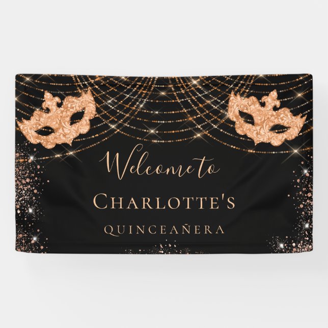 Masquerade black gold glitter dust Quinceanera Banner (Horizontal)