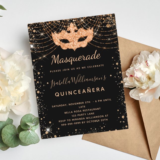 Masquerade black gold glitter dust Quinceanera Invitation Postcard (Creator Uploaded)