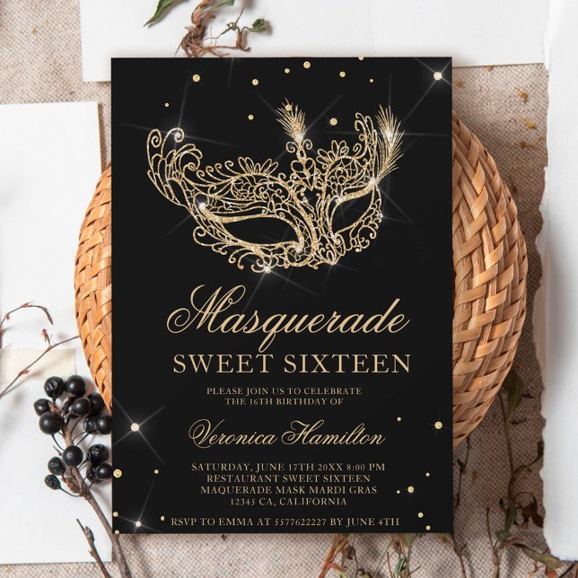 Masquerade black gold glitter mask Sweet 16 Invitation (Masquerade black gold glitter mask Sweet 16 Invitation)