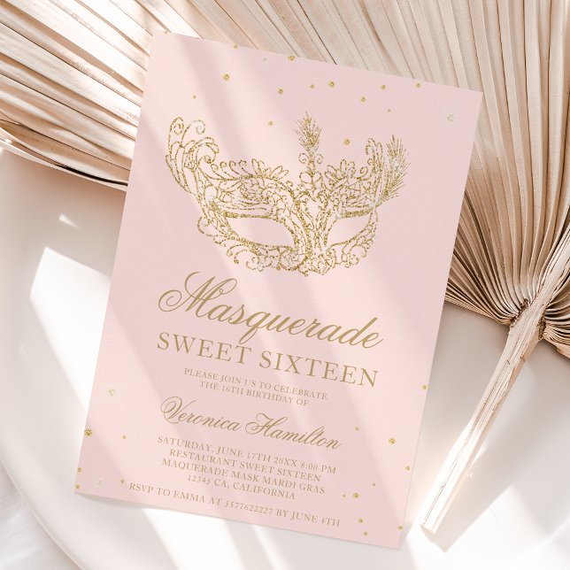 Masquerade black gold glitter mask Sweet 16 Invitation (Creator Uploaded)