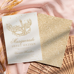 Masquerade black gold glitter mask Sweet 16 Invitation