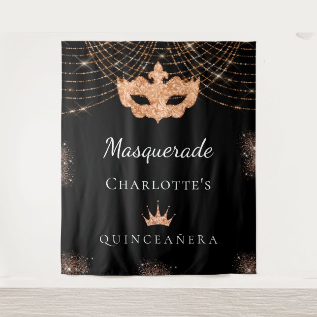 Masquerade black gold glitter Quinceanera birthday Tapestry (Front)