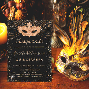 Masquerade black gold glitter Quinceanera luxury Invitation