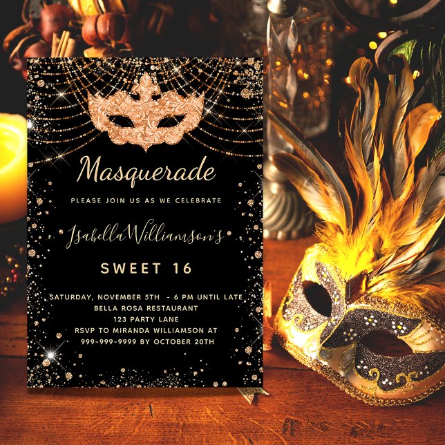 Masquerade black gold glitter Sweet 16 luxury Invitation (Creator Uploaded)