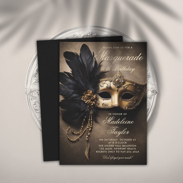 Masquerade Black Gold Mask Moody 50th Birthday Invitation (masquerade 50th birthday party invitation glamorous gold black venetian mask elegant modern moody)
