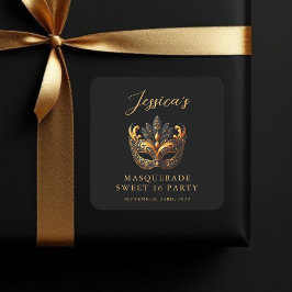 Masquerade Black Gold Sweet 16 Birthday Party Square Sticker