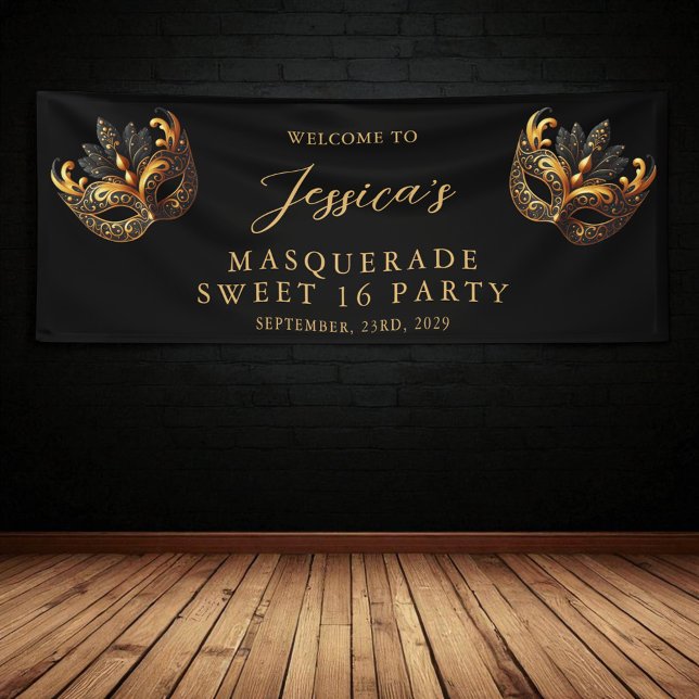 Masquerade Black Gold Sweet 16 Birthday Welcome Banner (Creator Uploaded)