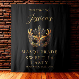 Masquerade Black Gold Sweet 16 Birthday Welcome Tapestry