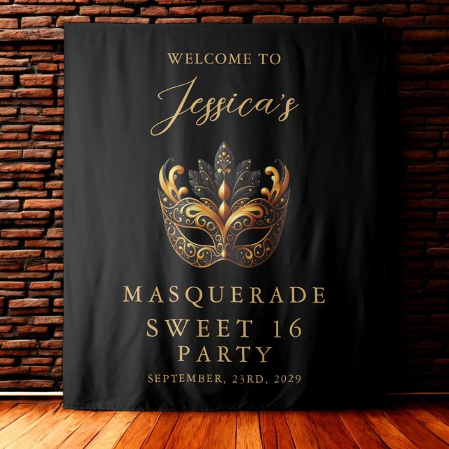 Masquerade Black Gold Sweet 16 Birthday Welcome Tapestry (Creator Uploaded)