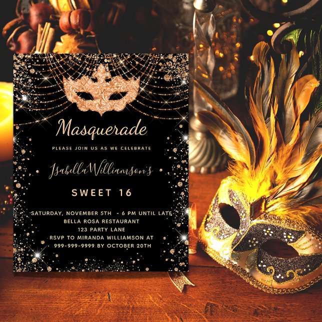 Masquerade black gold Sweet 16 budget invitation Flyer (Creator Uploaded)