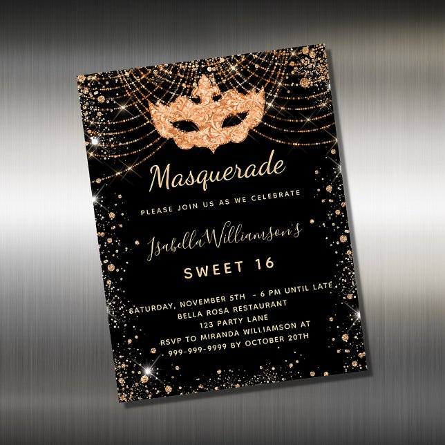 Masquerade black gold Sweet 16 invitation magnet (Creator Uploaded)