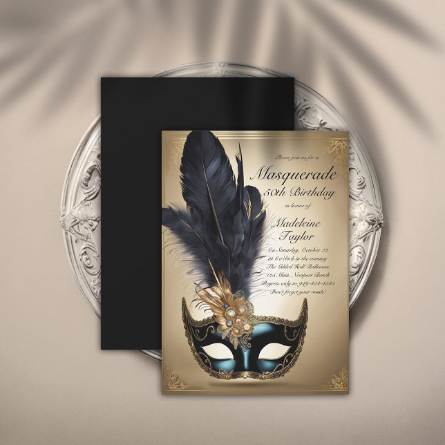 Masquerade Black Gold Venice Mask 50th Birthday Invitation (masquerade 50th birthday party invitation glamorous gold black venetian mask elegant modern classy)