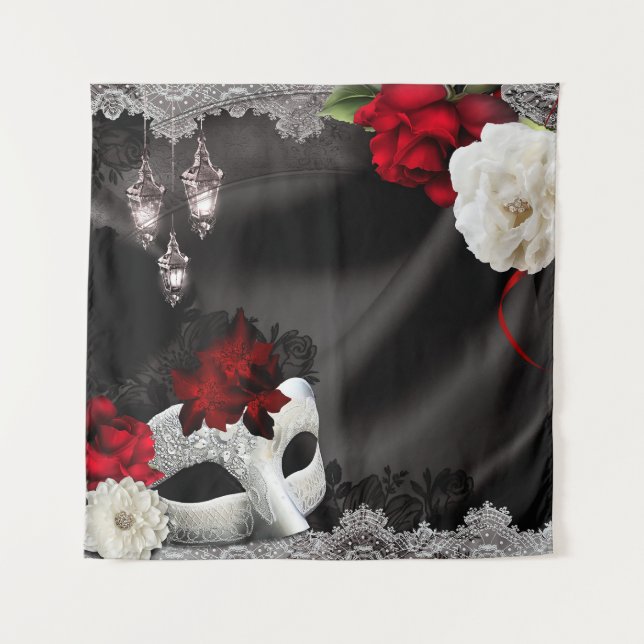 Masquerade Black Red Elegant Floral Party Backdrop Tapestry (Front)