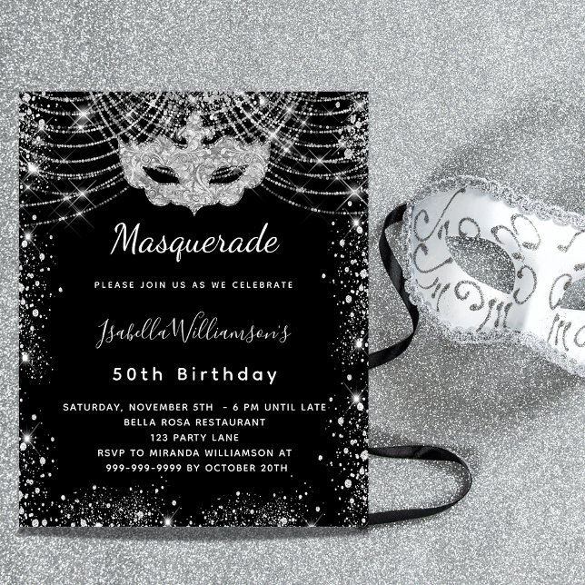 Masquerade black silver budget birthday invitation (Creator Uploaded)