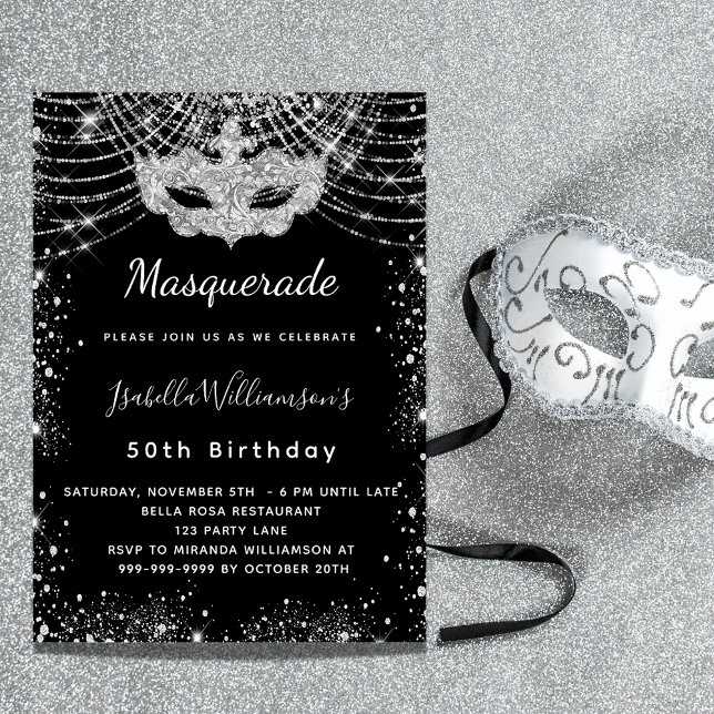 Masquerade black silver glitter birthday party invitation (Creator Uploaded)