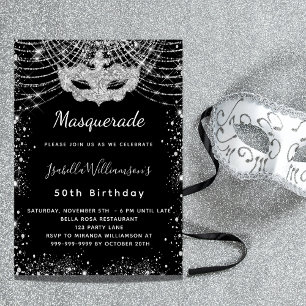 Masquerade black silver luxury birthday party invitation