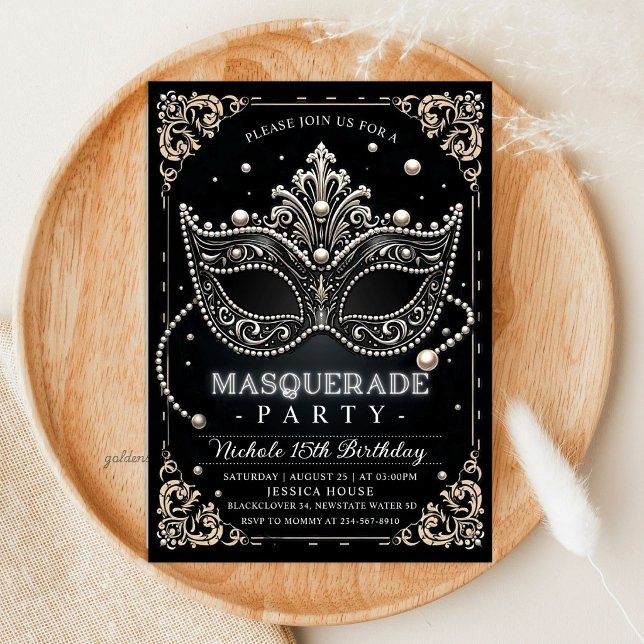 Masquerade Black White Birthday Party Invitation (Masquerade Black White Birthday Party Invitation)
