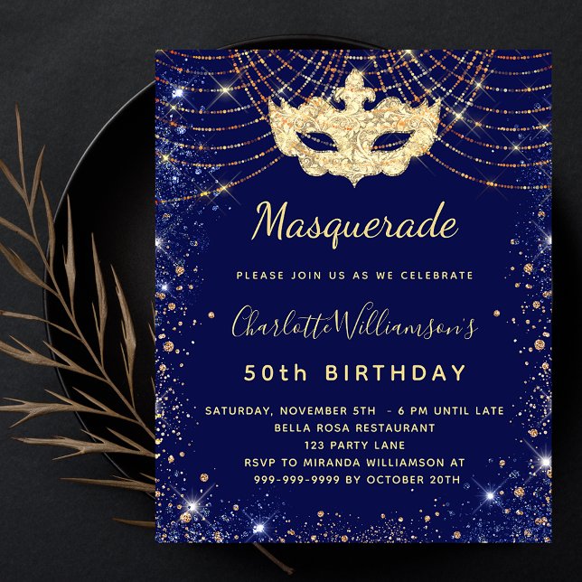 Masquerade blue gold birthday budget invitation (Creator Uploaded)