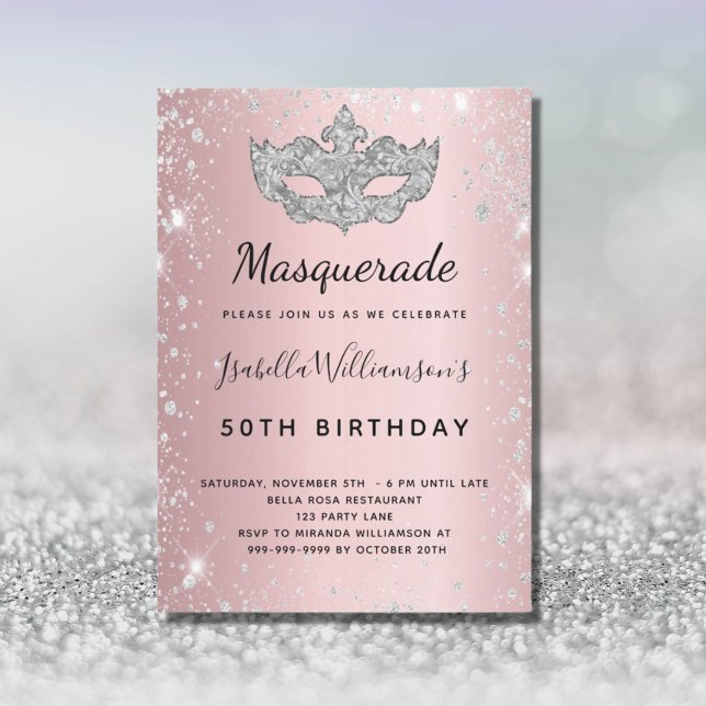 Masquerade blush pink silver glitter dust birthday invitation (Creator Uploaded)