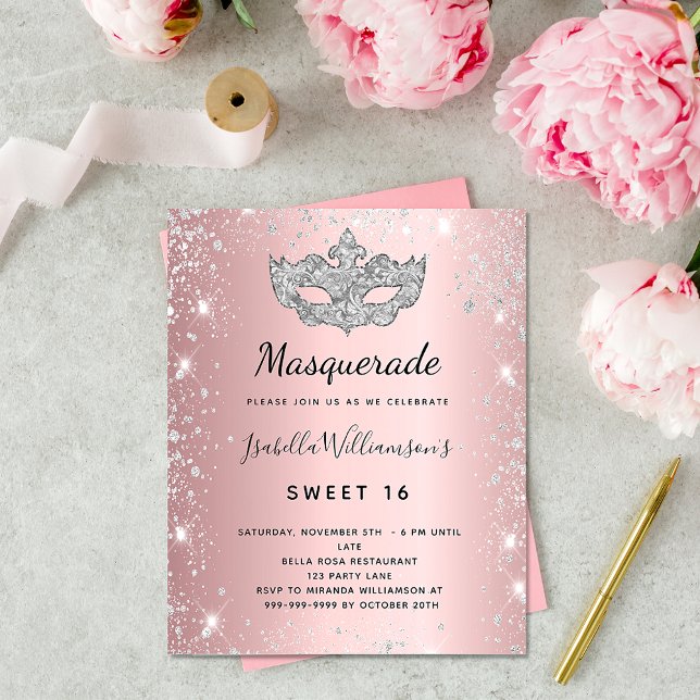 Masquerade blush pink silver Sweet 16 invitation (Creator Uploaded)