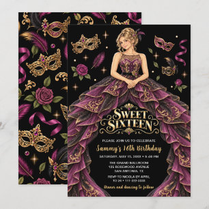 Masquerade Burgundy Gold Sweet Sixteen Invitation