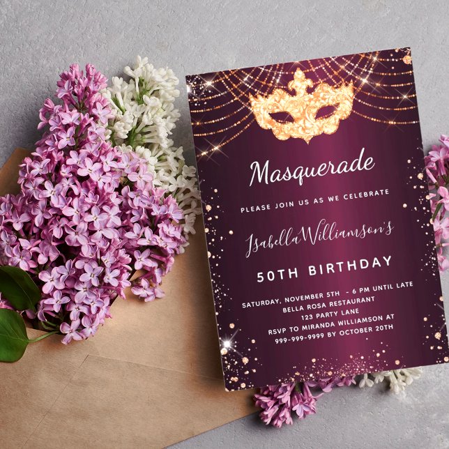 Masquerade burgundy rose gold glitter birthday invitation (Creator Uploaded)
