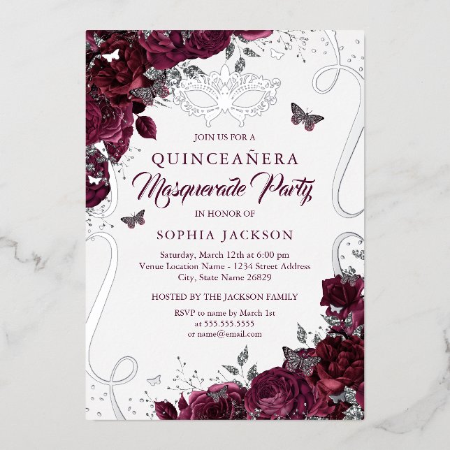 Masquerade Butterfly Silver Burgundy Quinceanera (Front)
