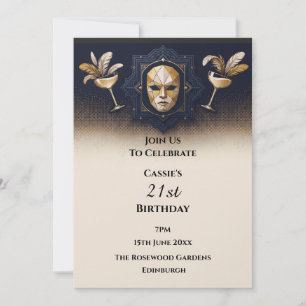 Masquerade Cocktail Navy Gold Invitation